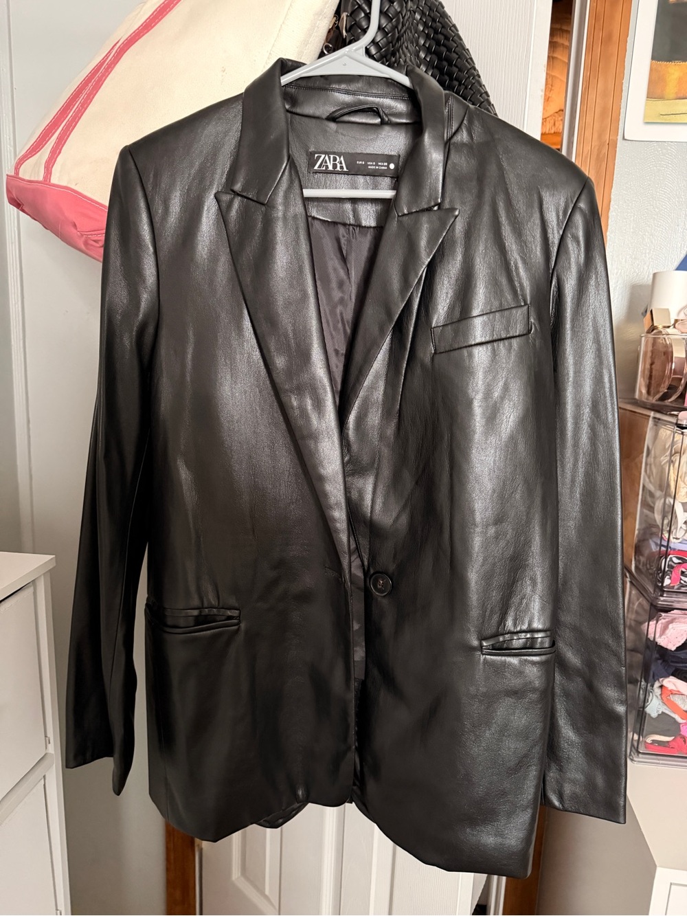 ZARA Black Faux Leather Blazer Jacket with Notch Lapel